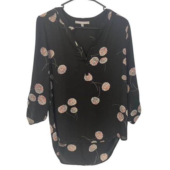 Daniel Rainn Black Floral Print Blouse With Roll Tab Sleeves Size S Flowy - Picture 1 of 6